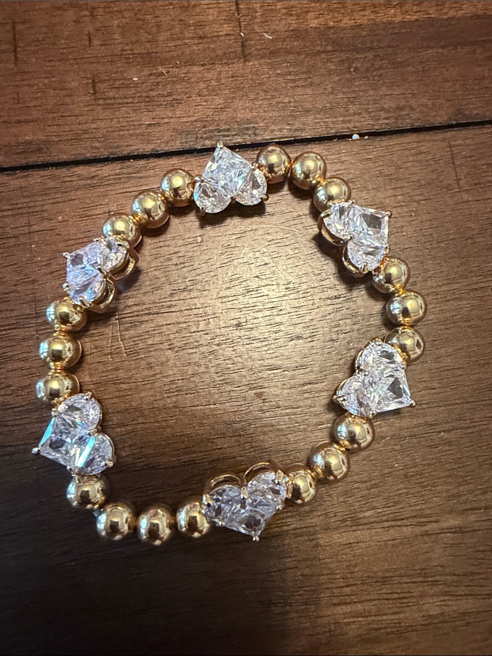 Park and Beach Gold Beaded Bracelet with Crystal Heart Accents Large
